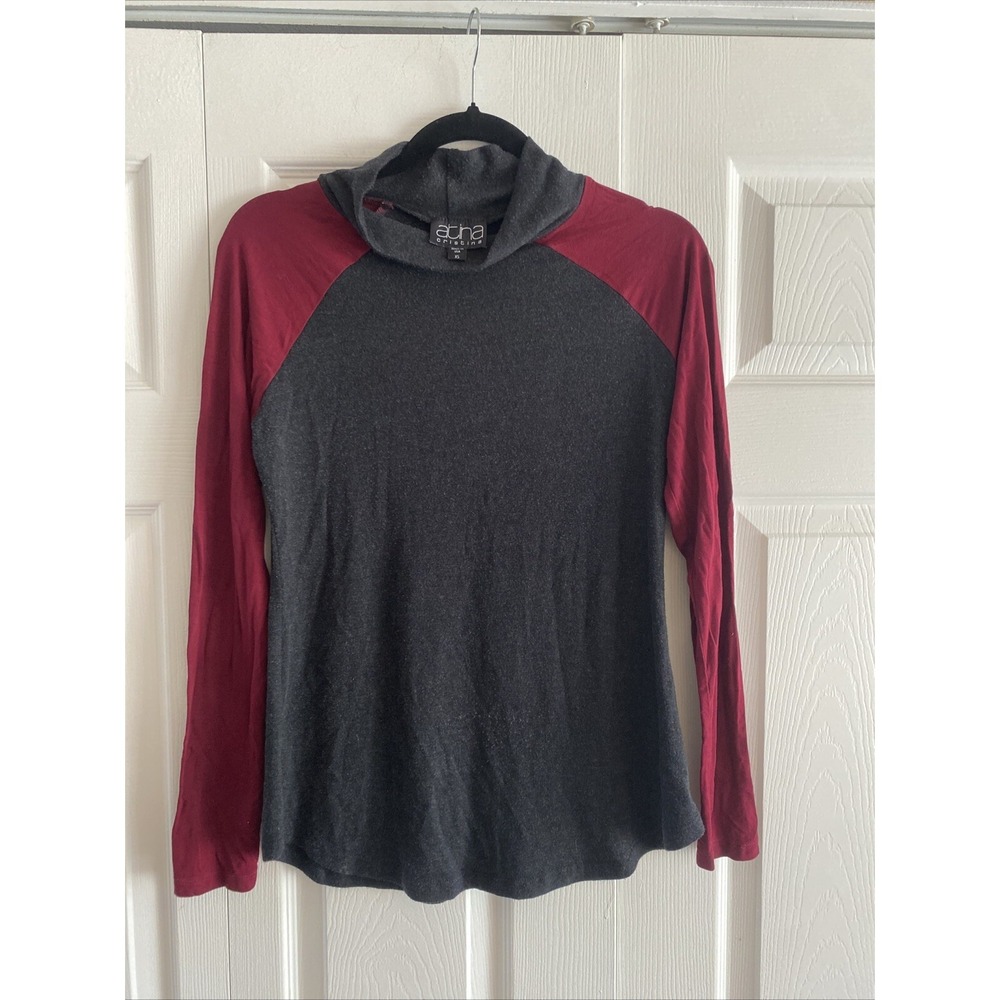 Atina Cristina Raglan Mock Neck Top Womens Size‎ XS Grey Burgundy Jersey Knit